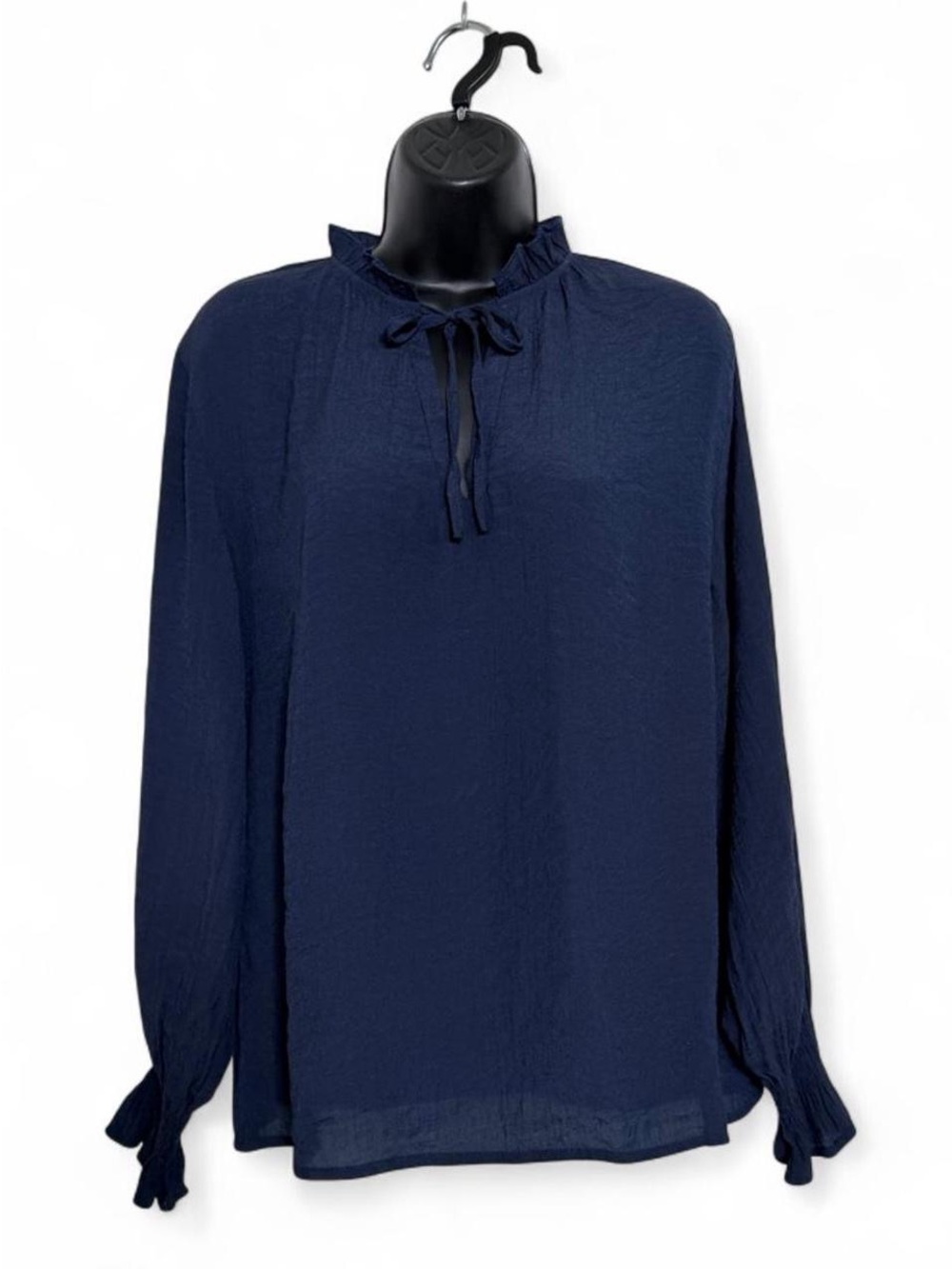 Medium Women's Sheer Navy Blue Tie Neck Ruffle Sleeve Lightweight Blouse